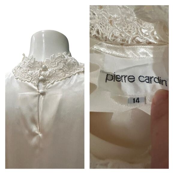 Vintage Pierre Cardin Ivory Satin Blouse Lace High Neck Victorian Romantic XL - - Picture 4 of 5